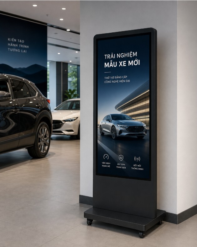 Standee LCD đế cố định và đế có bánh xe là gì? 1